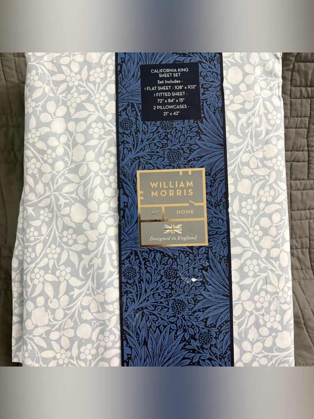 William Morris Cotton Percale Floral Cal King Sheet Set Tonal Clover Soft Blue